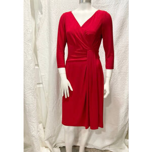 Tahari Arthur Levine Dress Red Faux Wrap V-Neck 3/4 Sleeve Formal MIDI Size 6